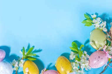 Paskalya Bayramı tebrik kartı arka planında Paskalya renkli yumurtalar, dekoratif kuş yuvaları ve çiçek açan bahar bahçesi çiçekleri, yüksek renkli mavi arka planda düz kopya alanı