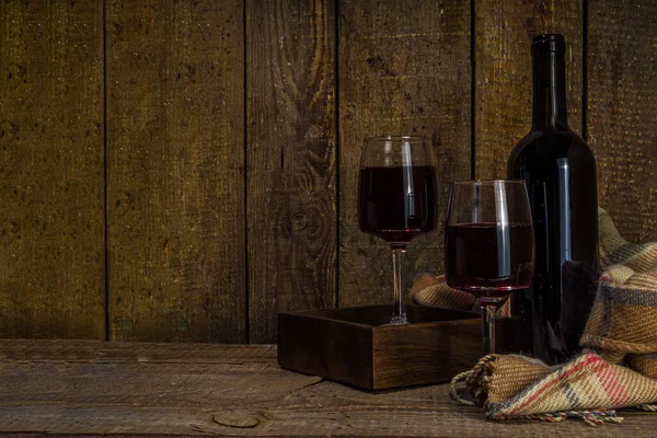 Winter Wine Tasting Degustation Background Craft Wine Bottle Two Glasses — Stock Photo, Image