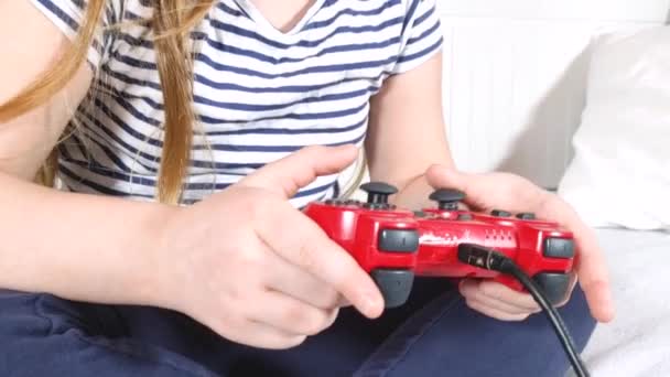 Kids Gamers Concept Caucasian Preteen Little Child Girl Holding Joystick — Stockvideo