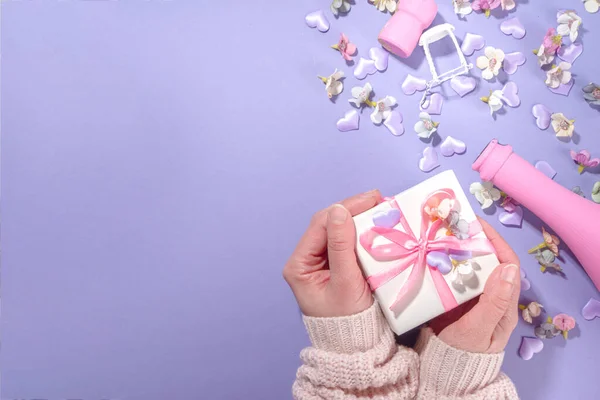 Woman Hands Hold Cute Gift Box High Colored Valentine Day — Foto Stock