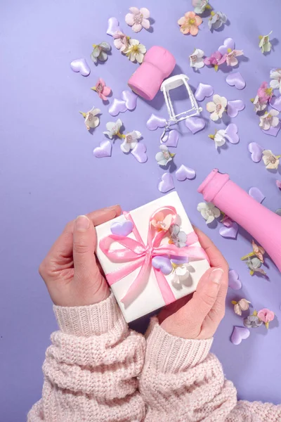 Woman Hands Hold Cute Gift Box High Colored Valentine Day — Fotografia de Stock