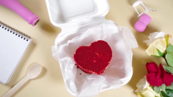 Woman Hands Red Velvet Heart Shaped Valentine Day Bento Cake — Stockvideo