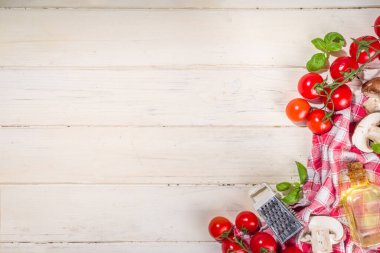 Cooking trendy Cone pizza background, modern pizza recipe, with tomatoes, basil, mozzarella cheese, baked pizza cones dough, ham and mushrooms