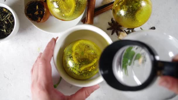 トレンディ現代のティーボール爆弾でお茶を作る 乾燥茶 カップ レモンとミントのティーボール 古典的な白いカップ トップビューのコピースペース — ストック動画