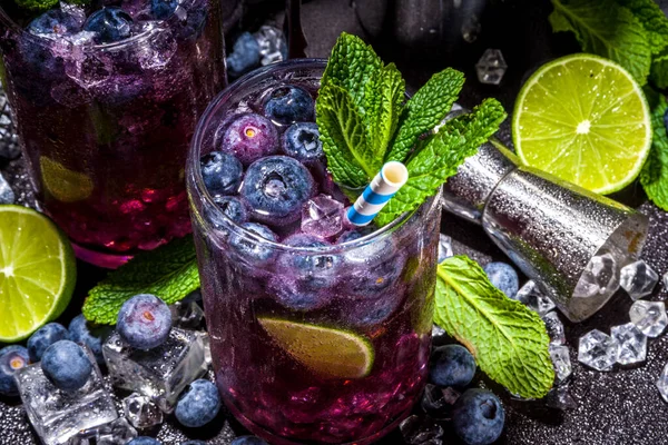 蓝莓柑橘夏凉饮料 冰浆果莫吉托柠檬水配蓝莓 薄荷和石灰 — 图库照片