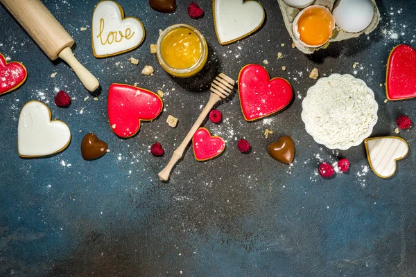 Dia Dos Namorados Doce Fundo Cozinha Ingredientes Cozedura Utensílios Farinha — Fotografia de Stock