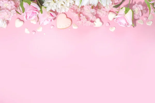 Rózsaszín Fehér Tavaszi Nyaralás Háttér Különböző Aranyos Virágokat Valentin Nap — Stock Fotó