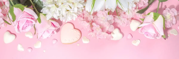 Rosa Bianco Primavera Vacanza Sfondo Con Vari Fiori Teneri Carino — Foto Stock