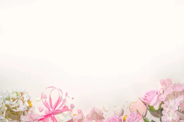Fundo Férias Primavera Rosa Branco Com Várias Flores Concurso Bonito — Fotografia de Stock