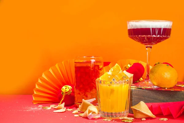 Chinees Nieuwjaar Cocktail Dranken Set Van Drie Verschillende Glazen Met — Stockfoto