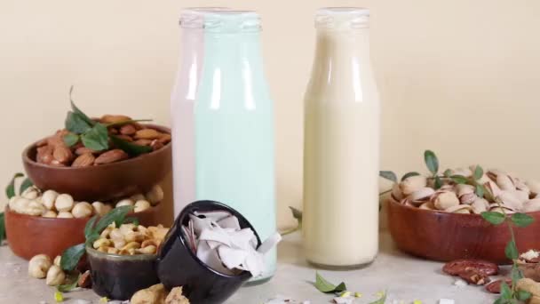 Keto Paleo Wegańskiej Koncepcji Diety Zestaw Mleka Orzechowego Butelki Różnymi — Wideo stockowe