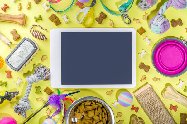 Pet food and accessories, various cat, dog, domestic animals food, toys, treats, utensils. Zoomarket and pet store, online shopping, pet care concept, flatlay banner top view copespace