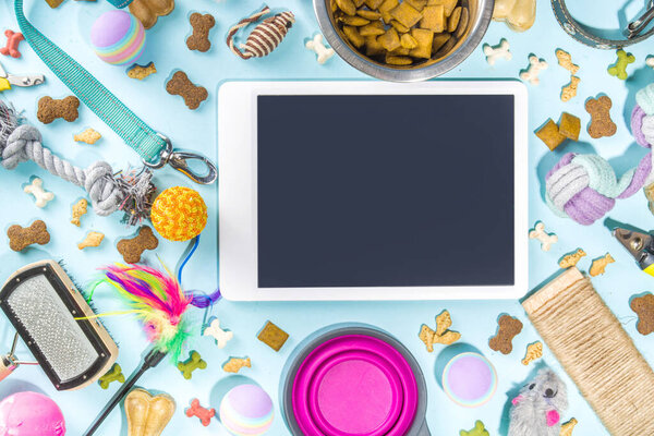 Pet food and accessories, various cat, dog, domestic animals food, toys, treats, utensils. Zoomarket and pet store, online shopping, pet care concept, flatlay banner top view copespace