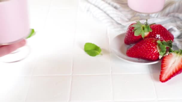 Homemade Sweet Strawberry Panna Cotta Dessert Pink Italian Panna Cotta — Stock Video