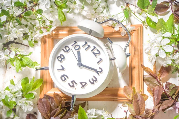 Spring Forward Time Savings Daylight Concept Alarm Clock Spring Garden — Stock Photo, Image
