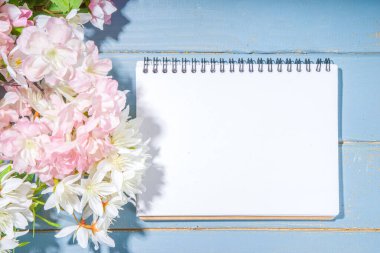 Merhaba bahar konsepti. Bahar tatili tebrik kartı suni çiçekli sade yassı arka plan açık mavi ahşap bahçe masası arkaplan çerçeve fotokopi alanı üst görünüm