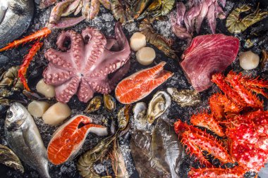 Çeşitli taze çiğ deniz ürünleri seti - ahtapot, yengeç, kalamar, karides, istiridye, midye, somon balığı limon baharatlı ton balığı, ezilmiş buzlu arka plan üst görünümü olan siyah arkaplan 