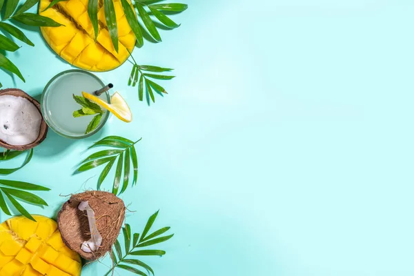 Fondo Tropical Verano Con Sombrero Mango Frutas Tropicales Coco Hojas — Foto de Stock