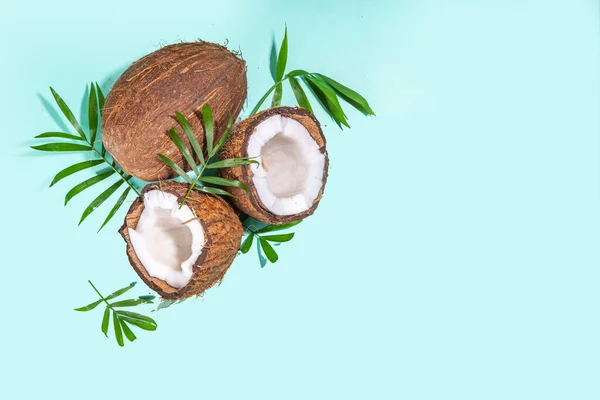 Leuchtend Türkisfarbener Tropischer Sommerhintergrund Mit Kokosnüssen Ganze Und Gebrochene Geschnittene — Stockfoto