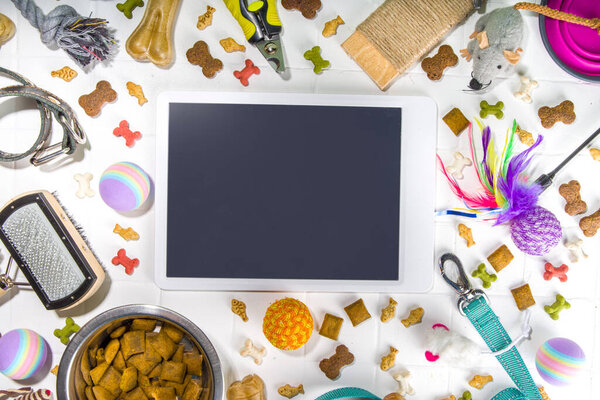 Pet food and accessories, various cat, dog, domestic animals food, toys, treats, utensils. Zoomarket and pet store, online shopping, pet care concept, flatlay banner top view copespace