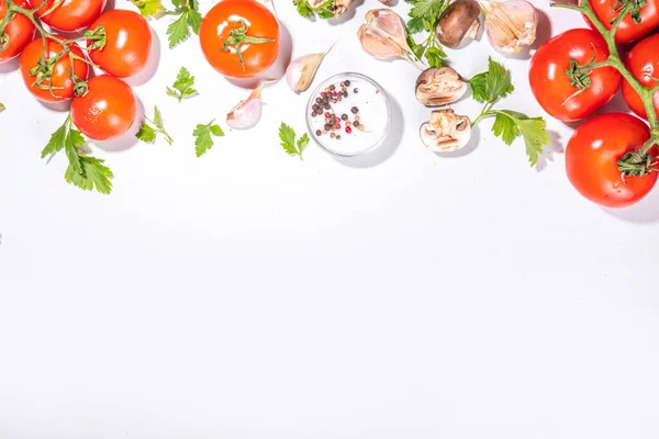 Fondo Preparación Cocina Alimentos Fondo Mesa Cocina Con Especias Hierbas — Foto de Stock