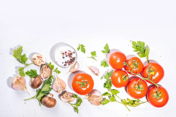 Fondo Preparación Cocina Alimentos Fondo Mesa Cocina Con Especias Hierbas — Foto de Stock