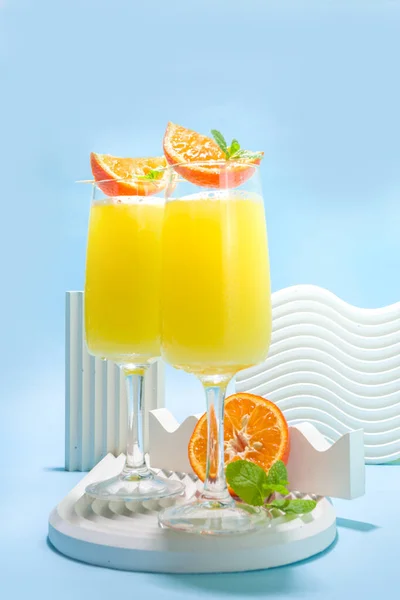 Classic Summer Mimosas Cocktail Orange Juice Light Blue Background Summer — Stock Photo, Image