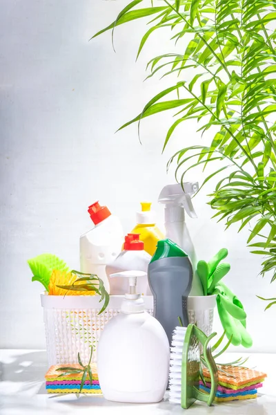 Sommarstädning Plastkorg Med Olika Rengöringsmedel Och Rengöringsmedel Flaskor Tillbehör För — Stockfoto