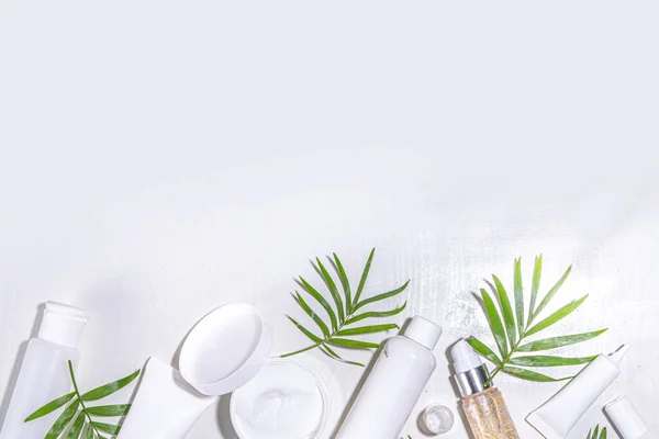 Beauty Cosmetic Skincare Products White Background Tropical Palm Leaves Flatlay — Stock Photo, Image