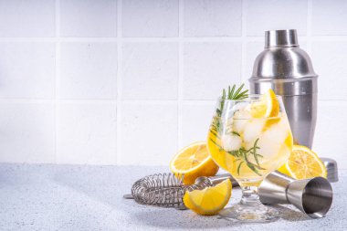 Biberiyeli limonata. Karbonatlı soda, limon dilimleri ve biberiye filizi ile soğuk limonata, beyaz kartonlu arka plan fotokopi alanı