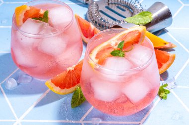 Soğuk, eritilmiş narenciye suyu. Greyfurt dilimli buzlu içecek ve nane pembesi greyfurt limonatası, yaz sağlıklı moktail ya da kokteyl, açık mavi kaplama arka planda bar aletleri kopyalama alanı.