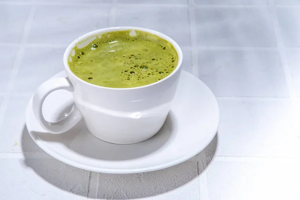 Matcha Green Tea Latte White Concrete Background Hard Light One — Stok Foto