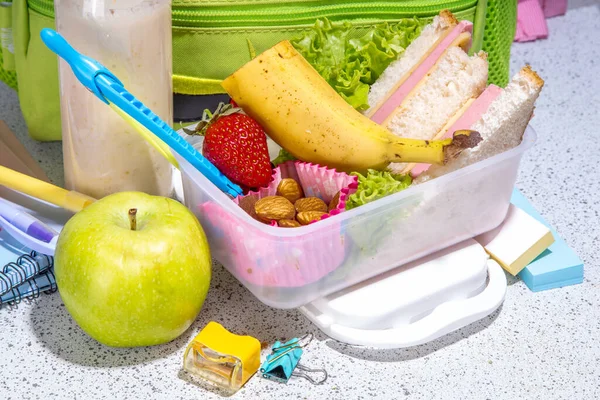 Healthy School Lunch Box Sandwich Vegetables Fruit Nuts Yogurt School — Stock Fotó