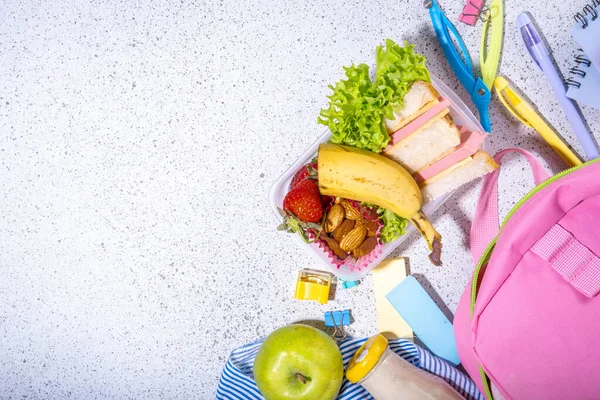 Υγιεινό Σχολικό Κουτί Σάντουιτς Λαχανικά Φρούτα Ξηρούς Καρπούς Και Γιαούρτι — Φωτογραφία Αρχείου