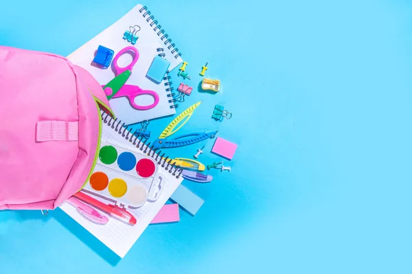 Flat Lay Background Colorful Educational Supplies Bright Blue Background Back — Stock Photo, Image