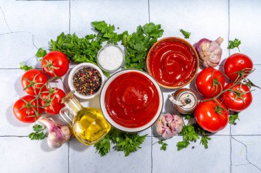 Ev yapımı ketçap sosu. İki kase domates ketçaplı kırmızı sos - otlar, taze domatesler, zeytinyağı, sarımsak, tuz, baharatlar, beyaz kaplamalı arka plan manzaralı fotokopi alanı