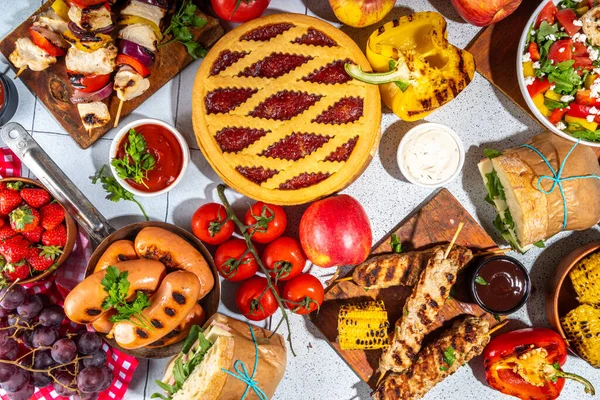 Various Picnic Barbeque Food Drink Flatlay Summer Bbq Picnic Food — Stock Photo, Image