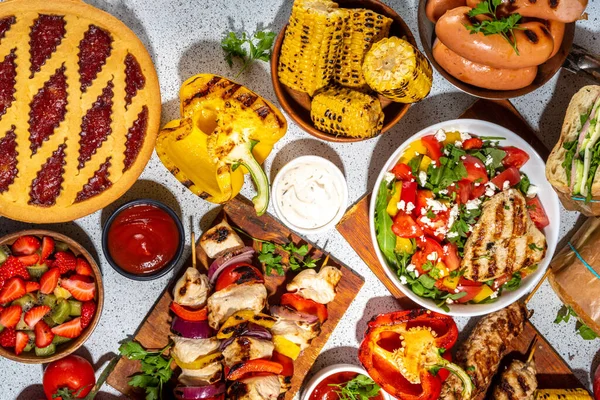 Varios Picnic Barbacoa Comida Bebida Flatlay Comida Picnic Para Barbacoa — Foto de Stock