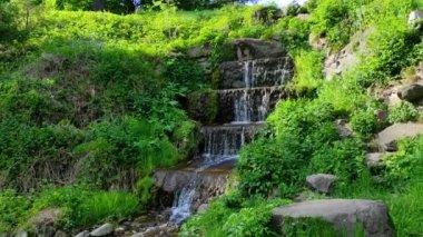 Doğanın rahatlatıcı videosu. Yeşil orman ya da büyük şelaleli doğal park. Ormandaki taşların üzerine dökülen suyun sesiyle doğal şelale.