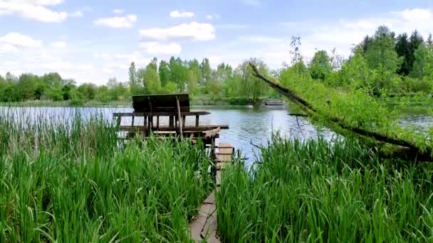 Vídeo Relaxante Natureza Verão Ensolarado Banco Rio Primavera Com Céu — Vídeo de Stock