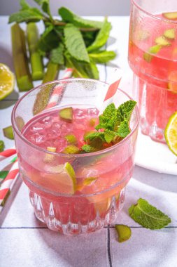 Ev yapımı pembe rengarenk limonata. Soğuk yaz içeceği çiğ ravent, limon dilimleri ve nane, kopyalama alanı.