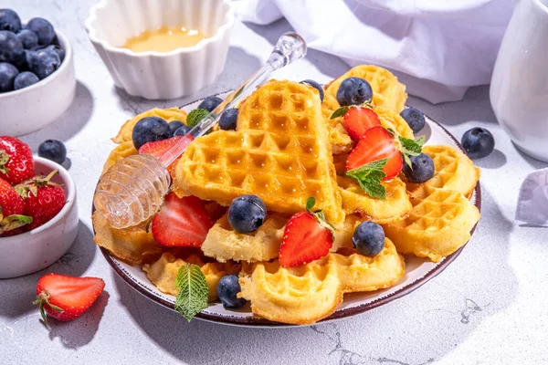 Desayuno Gofres Belgas Con Fresas Arándanos Miel Gofres Caseros Saludables —  Fotos de Stock