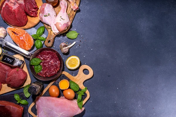 Fundo Dieta Carnívoro Várias Fontes Proteína Não Vegana Comida Tradicional — Fotografia de Stock