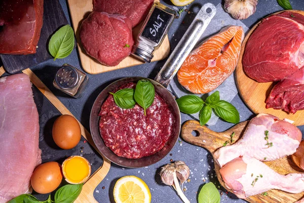 Mięsożerna Dieta Różne Niewegańskie Źródła Białka Tradycyjna Żywność Mięsożerna Mięso — Zdjęcie stockowe
