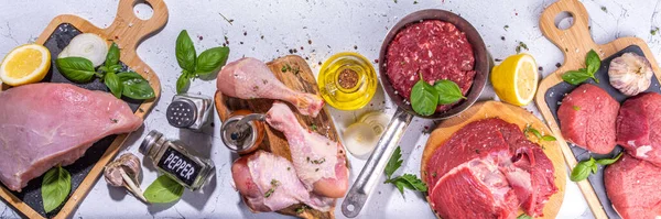 Verschillende Vlees Koken Achtergrond Verscheidenheid Van Rood Wit Vlees Patty — Stockfoto