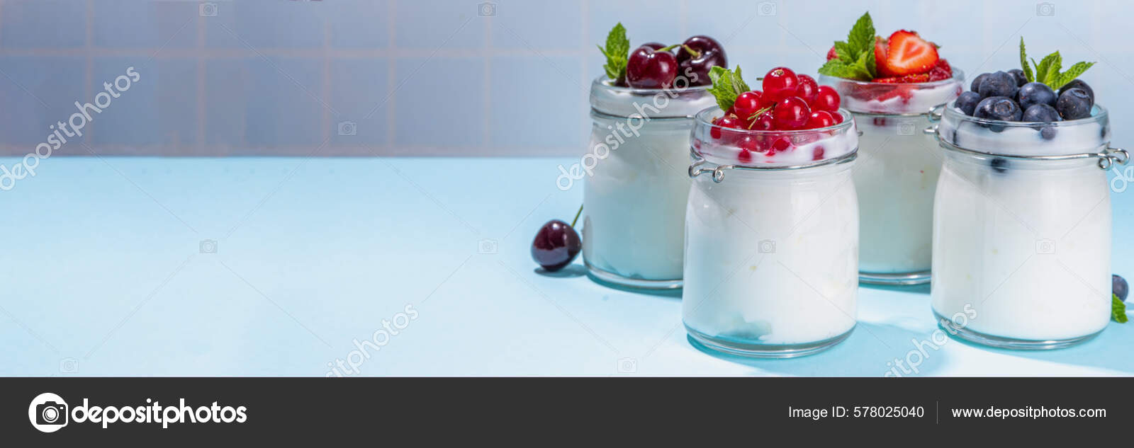 Variety Yoghurts Portion Glass Jars Healthy Summer Breakfast Concept