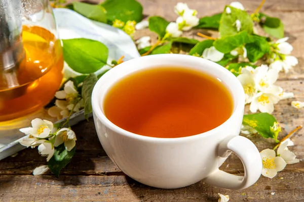 Ziołowa Herbata Kwiatowa Jaśminu Zielona Herbata Jaśminowa Szklanym Czajniku Filiżance — Zdjęcie stockowe