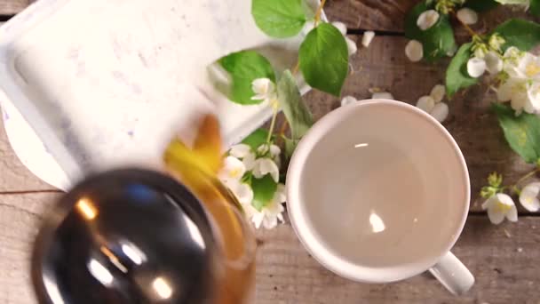 ハーブジャスミンの花茶 グラスティーポットと白ティーカップのジャスミングリーンティー 新鮮なジャスミンの花 — ストック動画