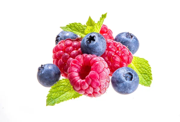 Fresh Berries Isolate White Background Isolated Raspberry Blueberry Fruit Macro — Stock Photo, Image