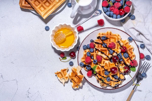 Сладкие Вафли Ягодами Домашний Летний Завтрак Бельгийские Вафли Малиной Черникой — стоковое фото